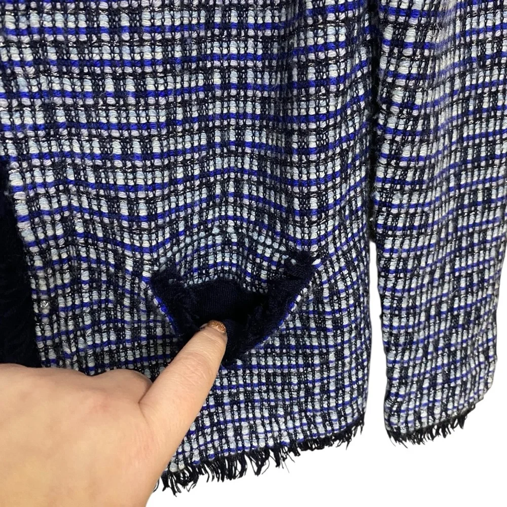 J. Crew Metallic Navy & White Tweed Stretch Wool Blend Hook Closure Blazer Sz XS